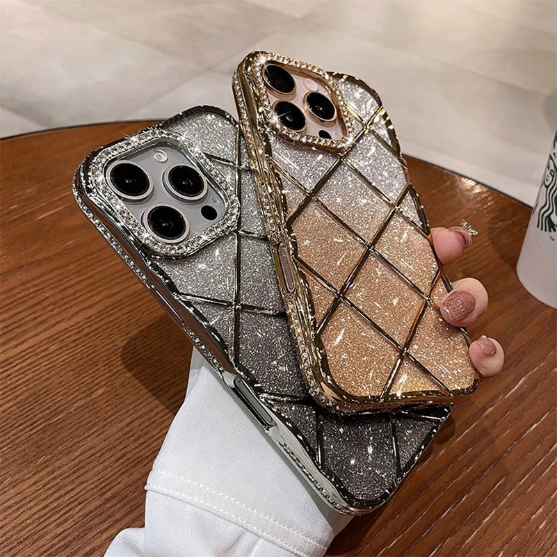 Luxury Diamond Case for iPhone 16Pro 15Pro Max Rhombus Transparent Plating Soft Silicone Cover for iPhone 15 16 13 12 14 Pro Max