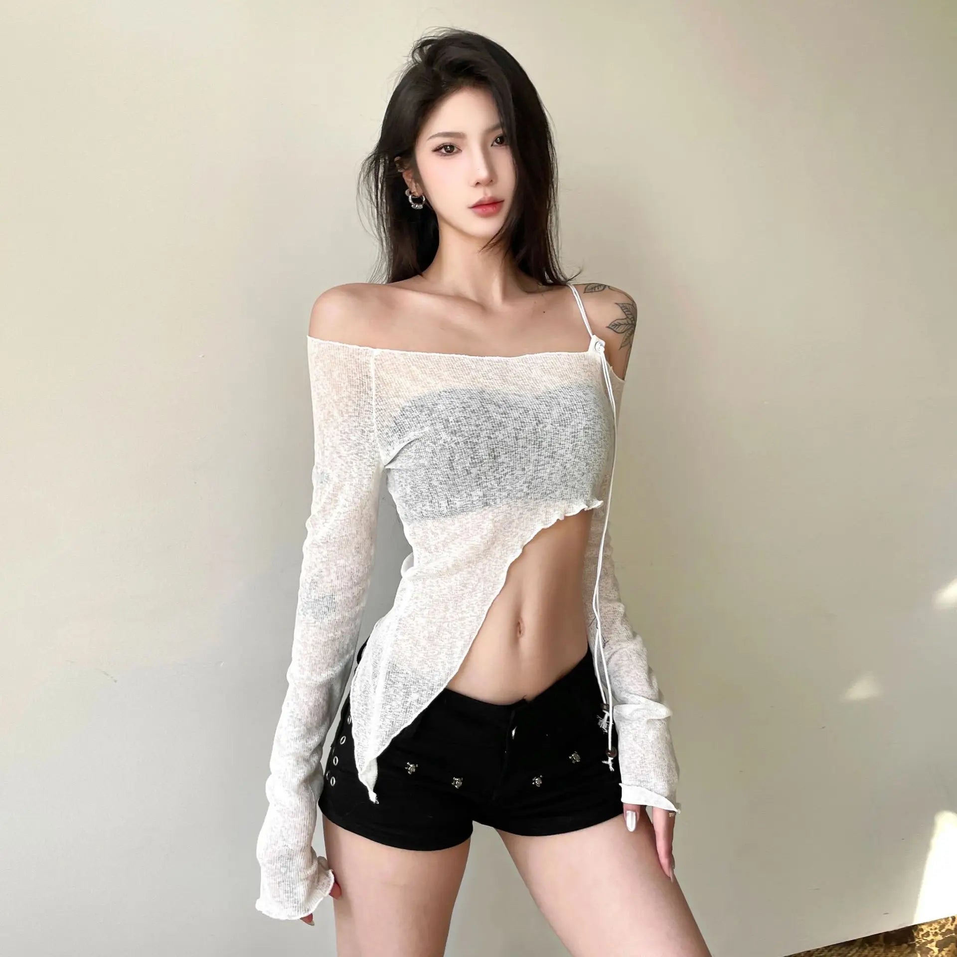 Asymmetrical T Shirts For Women Y2k Clothes Off Shoulder Sexy Streetwear Long Sleeve Crop Top Lace-up Camisetas Ropa De Mujer