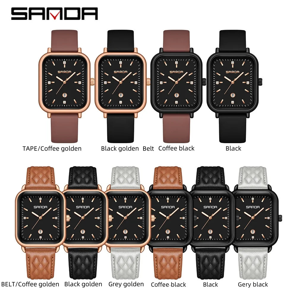 SANDA 1134 Women's Square Quartz Watch Black Fashion Crystal Waterproof Date Pointer Wristwatches for Ladies Watches Gift