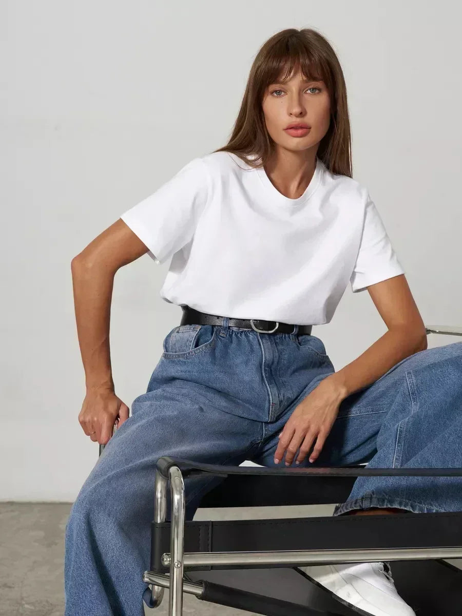 Ladies Summer 100% Cotton Women's T-shirt Bottoming Basic Fashionable Solid Lady Short Sleeve Loose Tops Shirts㎡ Tops