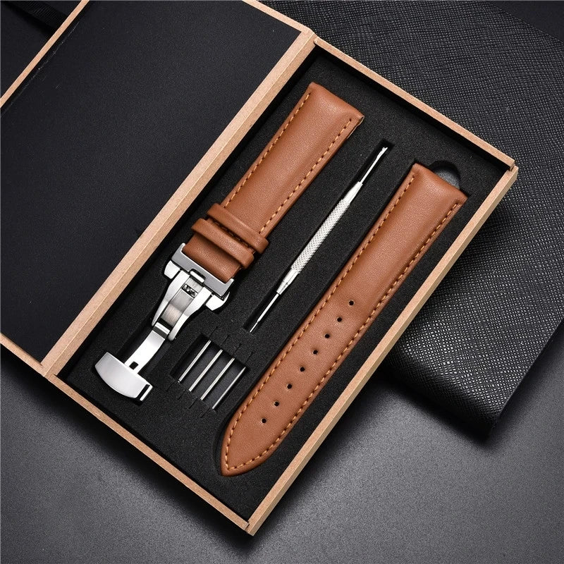18mm 20mm 22mm 24mm Leather Watch Strap with Box Stainless Steel Butterly Clasp Leather Strap Bracelet Men Women Watchbands