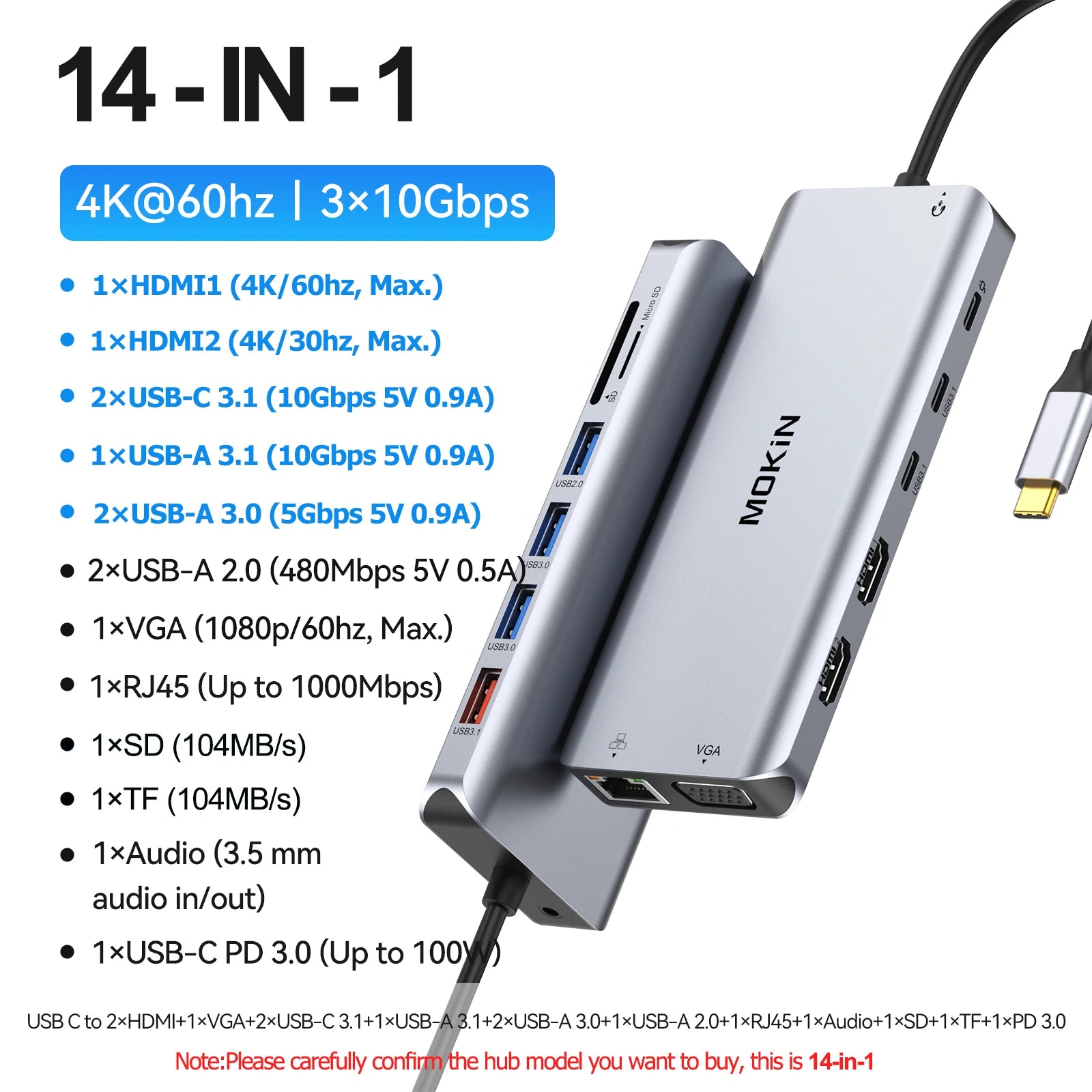MOKiN USB C HUB 4K60Hz Type C to DP RJ45 SD&TF PD 100W Adapter Dock for MacBook Pro Air M2 M1 3*USB 3.1 10Gbps Splitter usb hub
