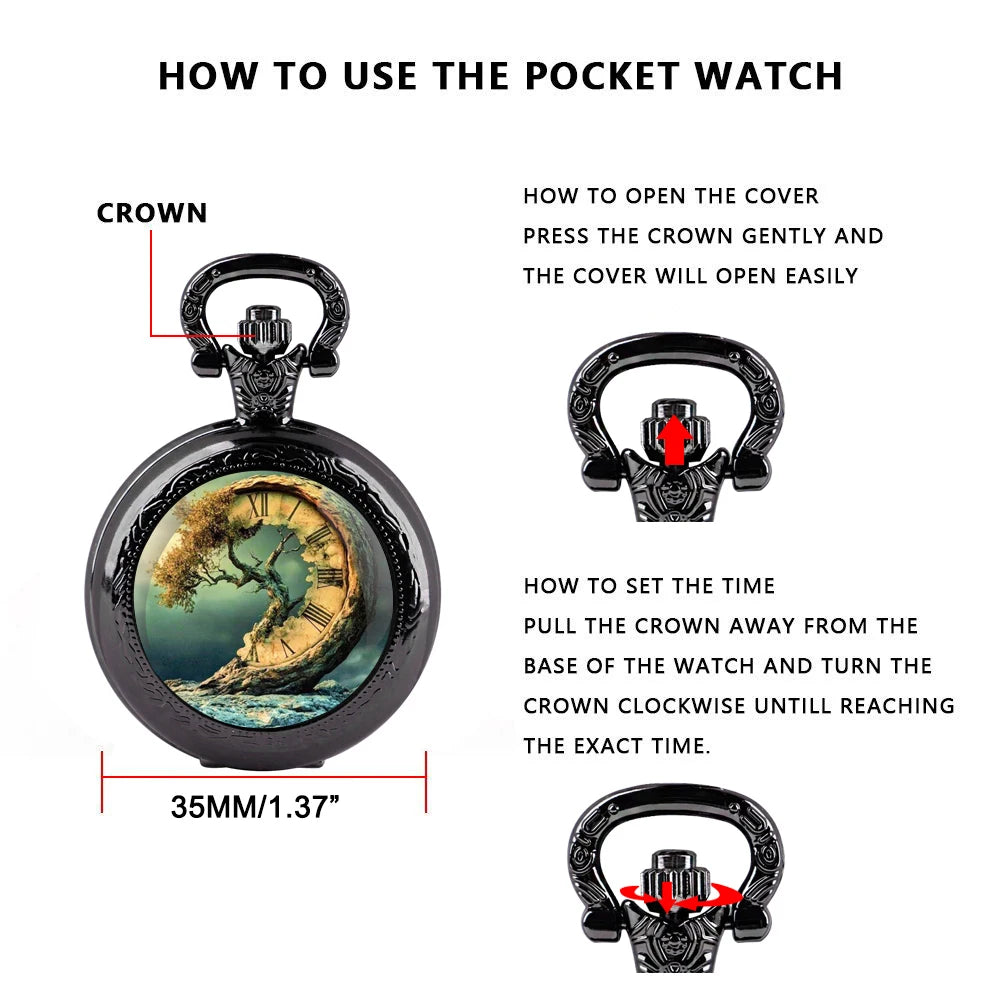 Vintage Time Machine Clock Design Quartz Pocket Watch Necklace Pendant Ideal Gift for Men & Women and Kids Pendant Birthday Gift
