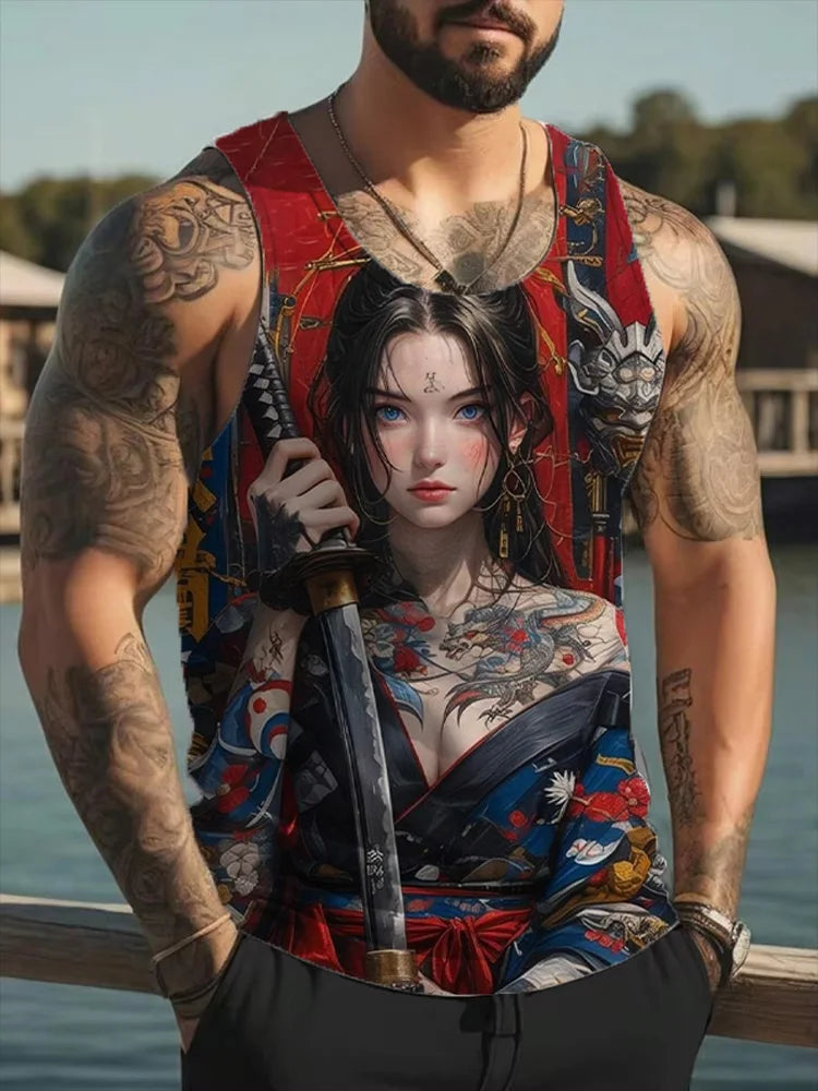 Samurai Tattoo Girl 3D Print Tank Tops Men Women Casual Oversized Fitness Gym Vest Harajuku Sleeveless T Shirt Men's Clothing