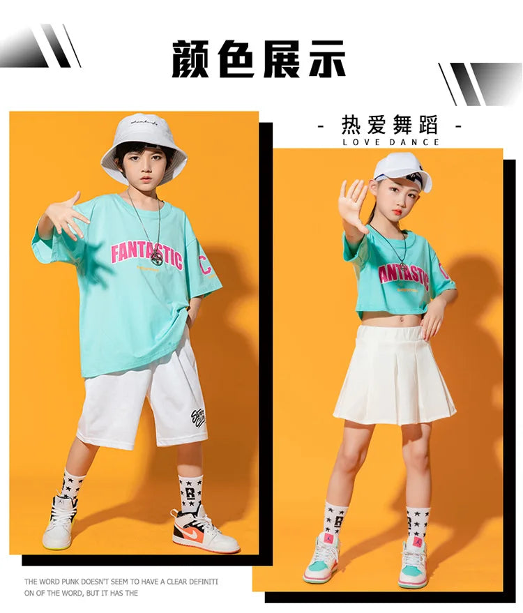 Boys Street Dance Blue T-shirt Shorts Girls Hip Hop Crop Top Skirt Outfits Kids Summer Costume Clothes Sets Children Streetwear