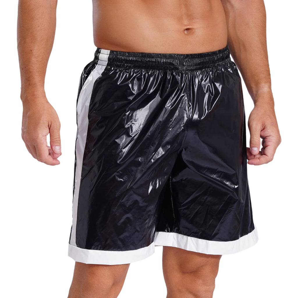 Swimwear Mens Swimming Trunks Wet Look Boxer Shorts Drawstring Elastic Waist Pockets Stripes Beach Sports Shorts Pajamas Costume