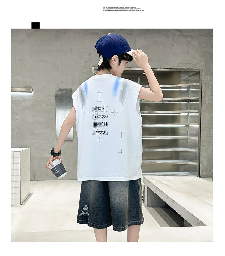 Junior Boys Summer Suit Children's Fashion Sleeveless Vest and Hole Jeans Shorts Clothing Sets for Kids 5 7 9 11 13 14 Years Old