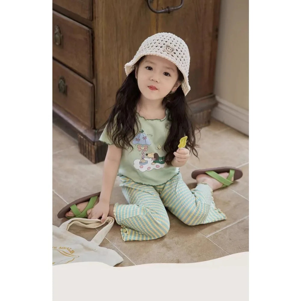 Bear Leader 3-7 Years Summer Korean Version Plain Girls Clothes Striped Printed Flared Pants Easter Casual Children's Clothing