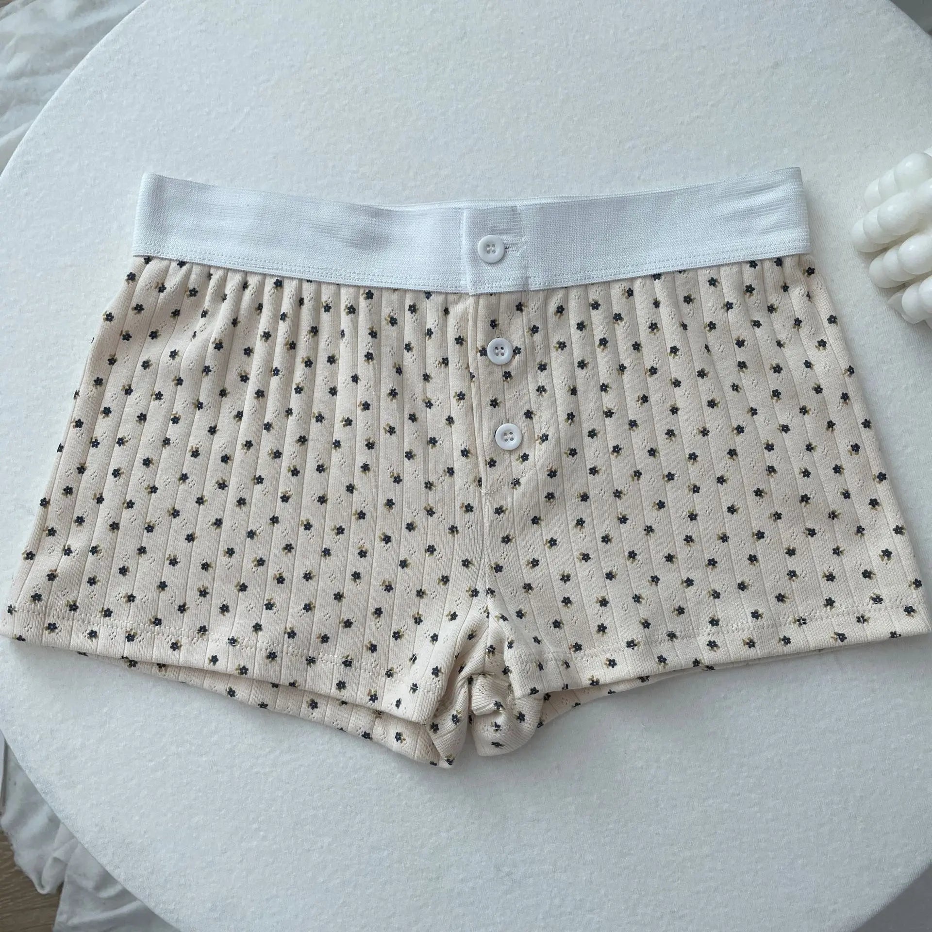 Floral Eyelet Cotton Boy Shorts Woman Summer Three Buttons Patchwork Elastic Waist Straight Short Pant Sweet Cute Home Underwear