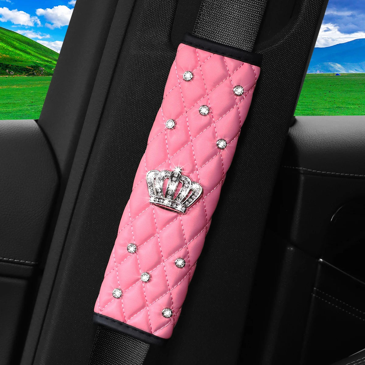 A skin feeling PU sheepskin embroidered crown diamond artificial stone car shoulder guard seat belt automotive supplies
