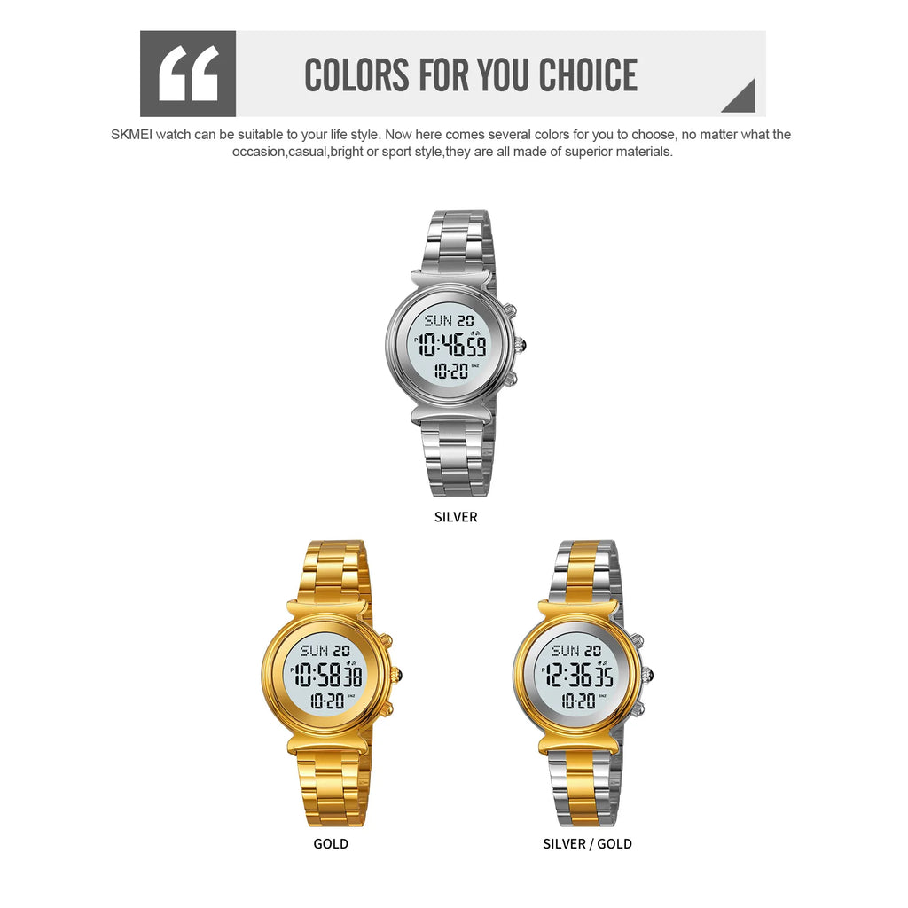 SKMEI Fashion Women's Alloy Digital Business Watch Waterproof Steel Strap Women Watch Simple Exquisite Silver Watch with 2408