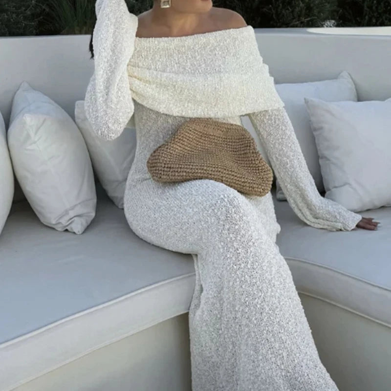 Fashion Style Knitted One-Shoulder See-Through Beachwear Cover Up Women's Beach Vacation Sunscreen Dress Elegant Long Dress
