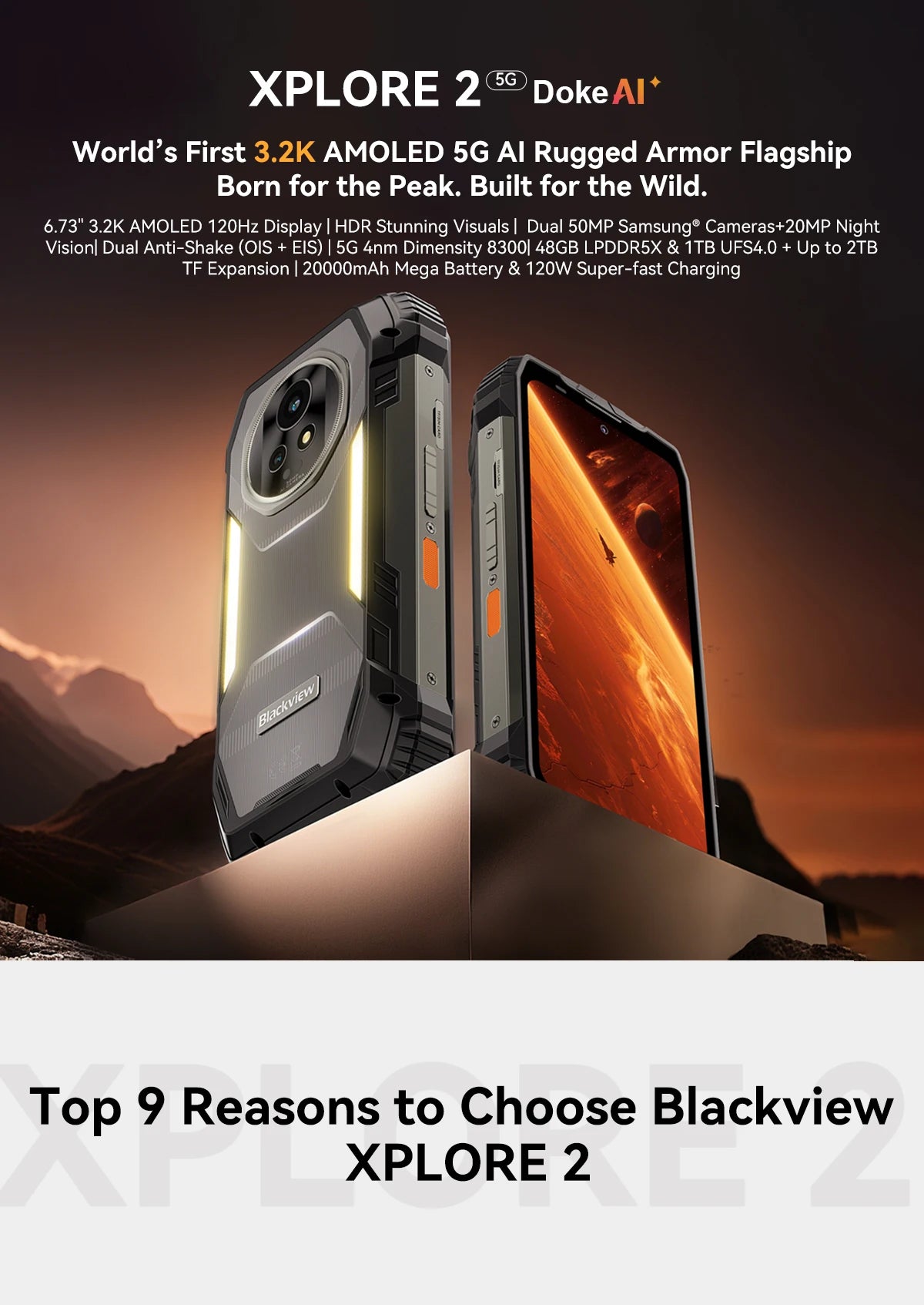 【World premiere】Blackview XPLORE 2 Rugged Phone 5G 6.73” 3.2K AMOLED Display MediaTek Dimensity 8300 20000mAh 120W Charger