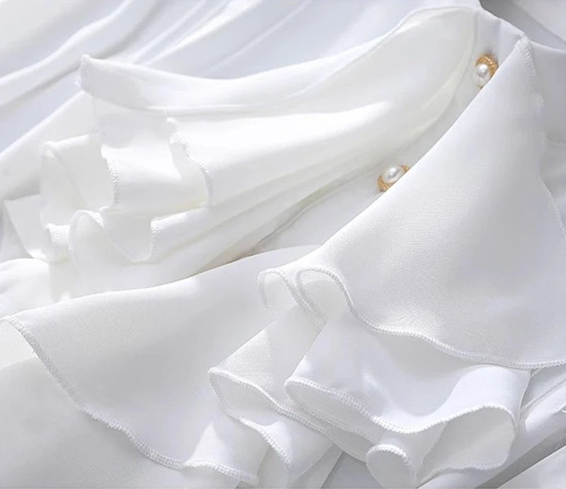 MEXZT Vintage White Shirts Women Elegant Ruffles Flare Long Sleeve Blouses Office Ladies Korean Single Breasted Design Chic Tops