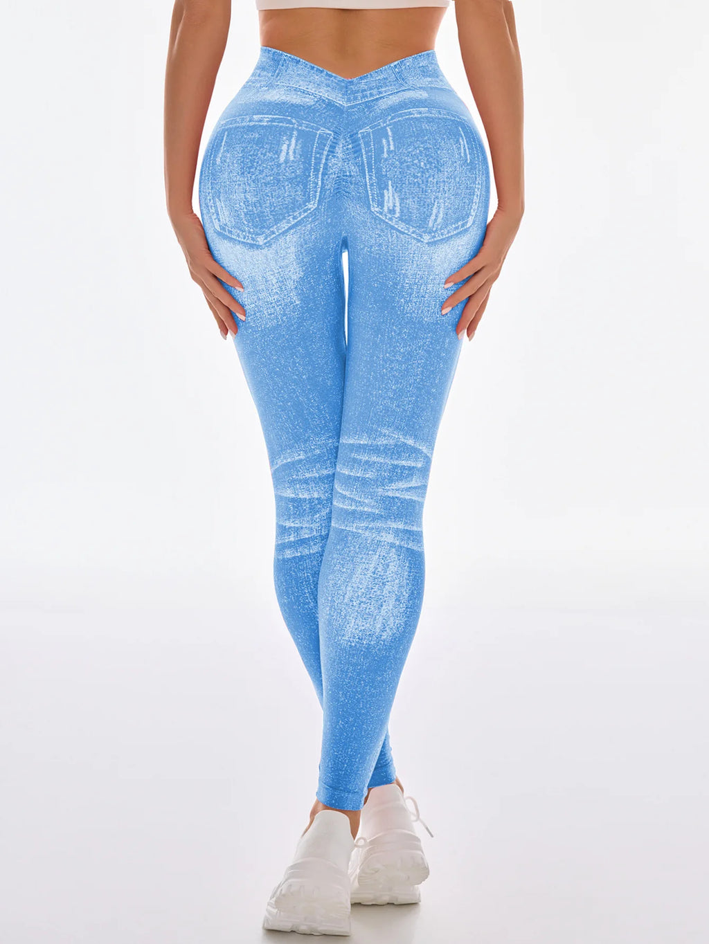 Women's Gym Printed Yoga Tight Pants Seamless High Waisted Denim-like Perforated Fake Pocket Tight Pants Yoga Fitness Leggings