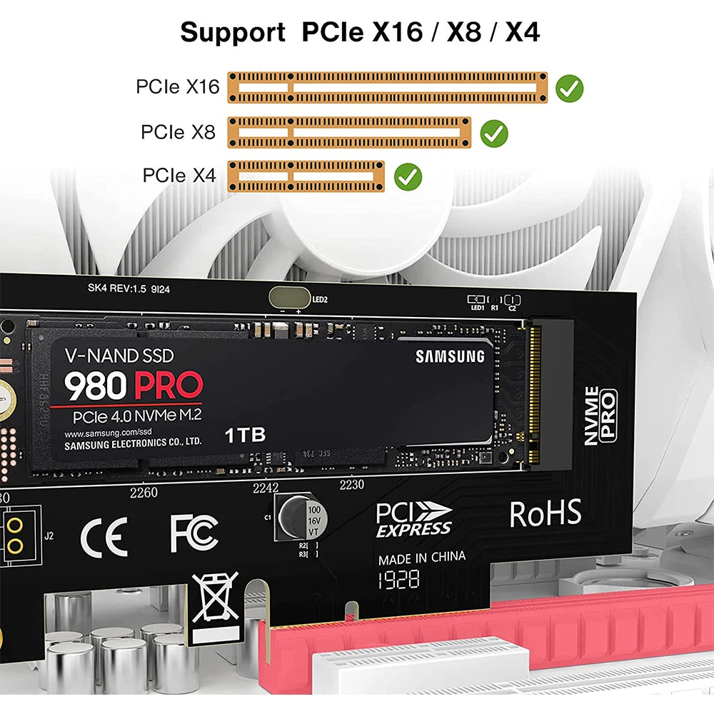 JEYI PCIe to NVMe Adapter With Aluminum SSD Heatsink Cooler, 64Gbps M.2 ssd PCIe 4.0 X4 X8 X16 Expansion Card for Desktop