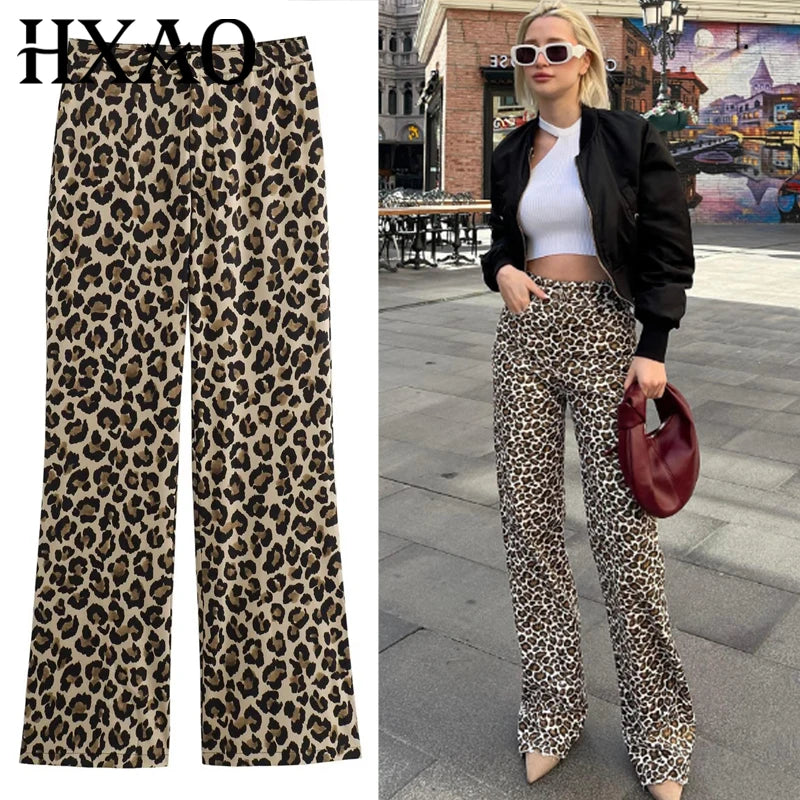 HXAO Leopard Flared Pants Women's Pants Summer 2025 Lady Fashion Vintage Animal Print High Waist Pants Chic Office Wear Trousers