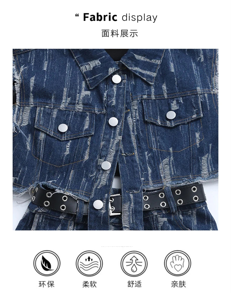 junior Girls Street Jazz Dance Set short denim vest jacket+Irregular skirt black top shorts belt teen girls clothes suit outfits