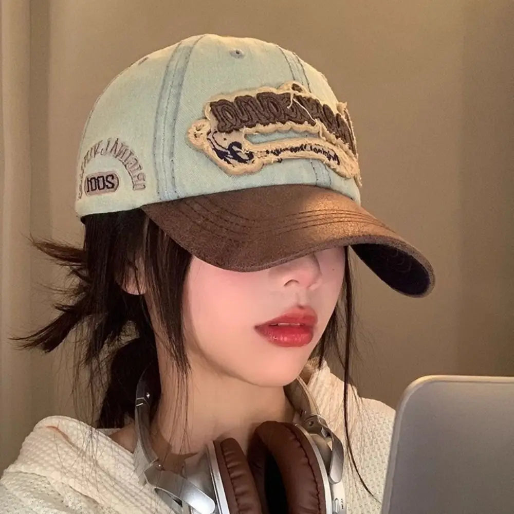 Simple Splicing American Retro Baseball Caps Denim Baseball Hat Tattered Jeans Sun Hat Cotton Sunscreen Peaked Cap Outdoor