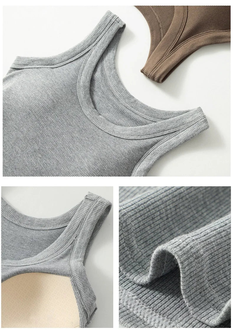 Women Thread Tank Tops With Built In Bra Padding Summer 2025 Trend Solid Outerwear Camisole Stretch Sleeveless White Tops Women