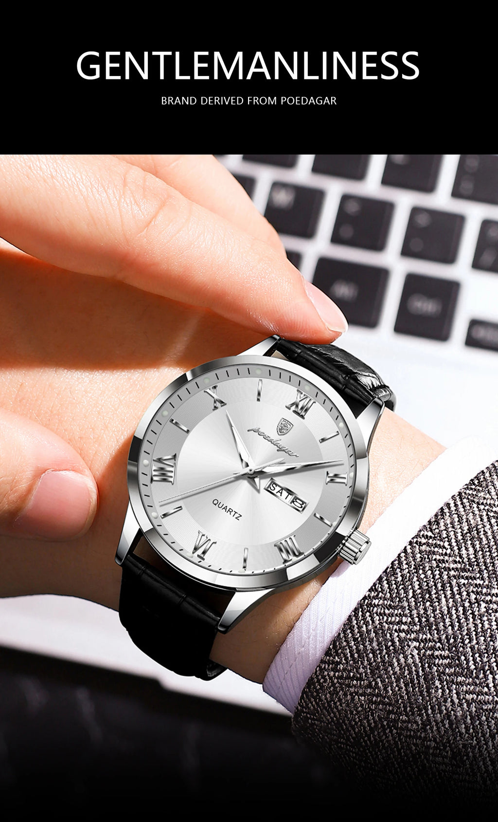 POEDAGAR Classic Luxury Men's Wristwatch Date Week Leather Business Man Watch Waterproof Luminous Fashion Quartz Watches For Men