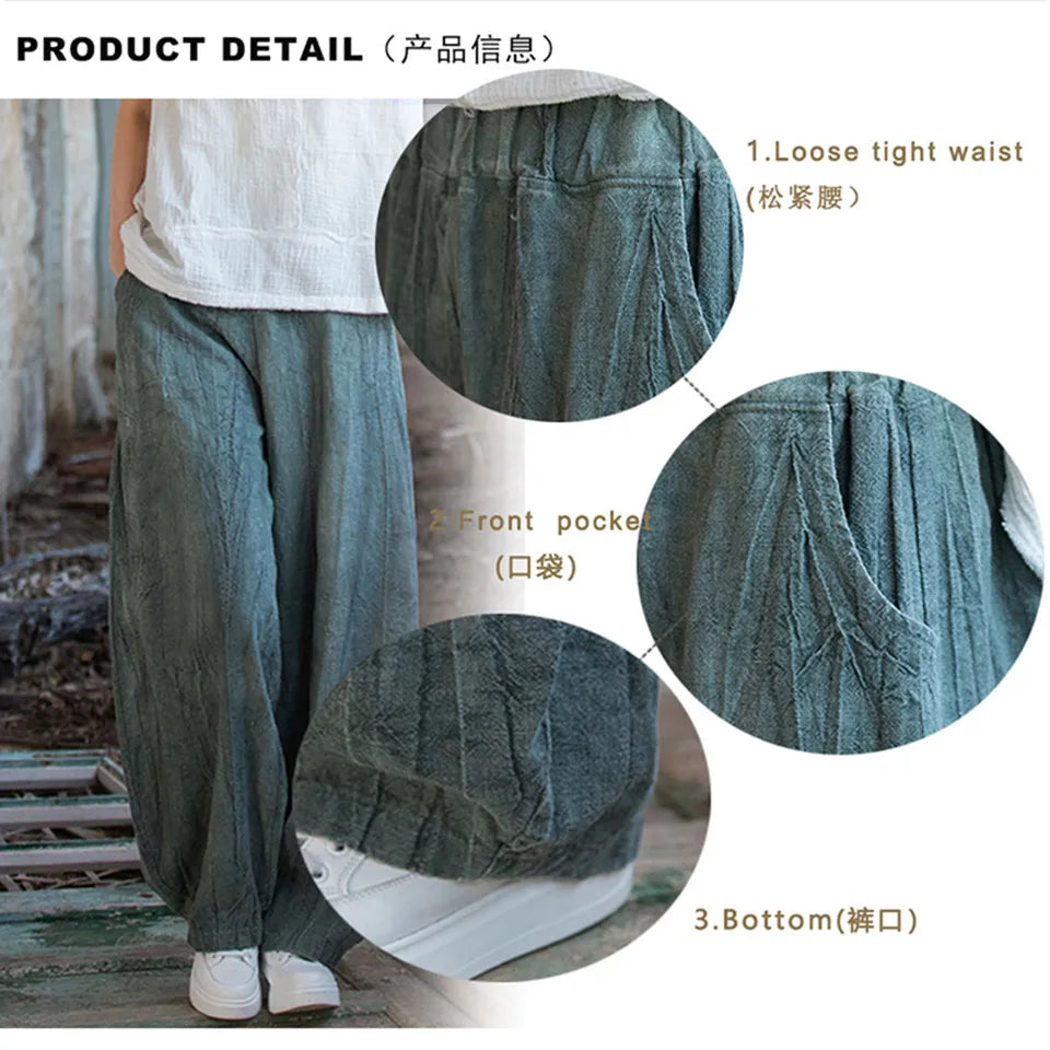 Elegant Women's Cotton Linen Baggy Cargo Pants Vintage Elastic Waist Yoga Trousers Loose Casual Long Wide Leg Oversize Clothes