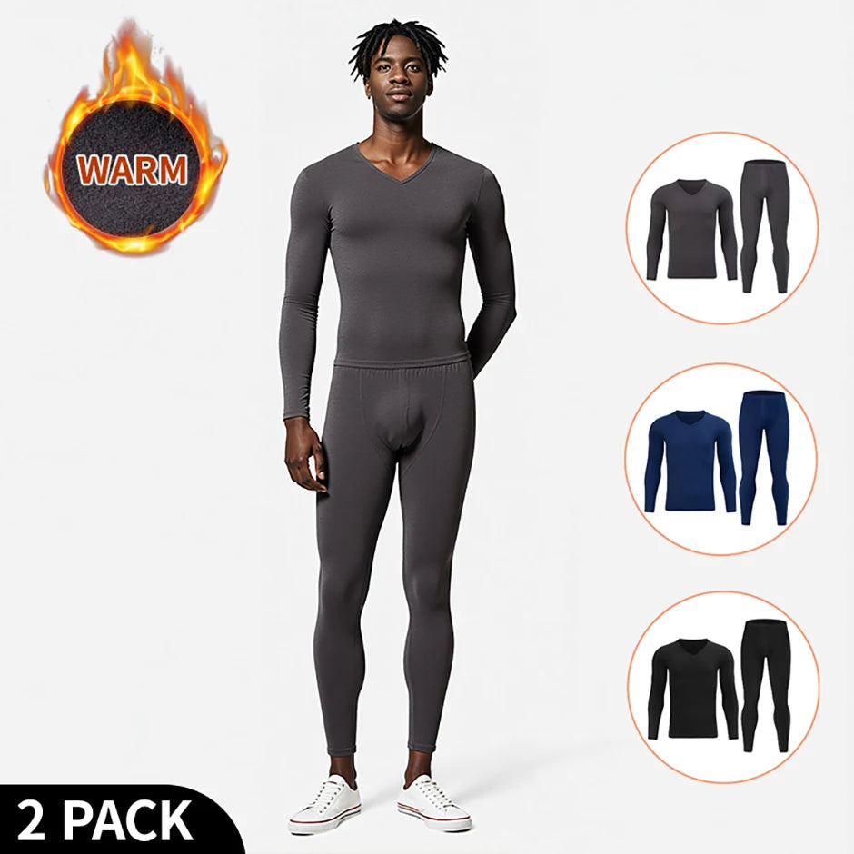 2-piece Men's Autumn And Winter Solid Color Casual V-neck Basic Warm Underwear Set Comfortable Sports And Fitness Base Shirt