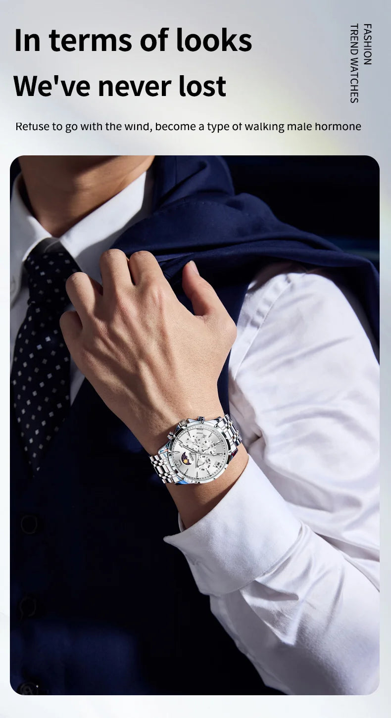 OLEVS 3653 Luminous Chronograph Stainless Steel Quartz Watch for Men Waterproof Sports Calendar Date Wristwatches Reloj Hombre