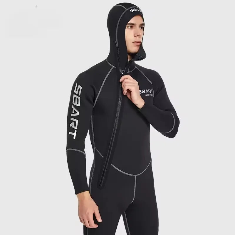 SBART 3mm One-piece Neoprene Wetsuit Men Hooded Warm Long Sleeve Diving Suit Cold Proof Sunscreen Surfing Swimming Snorkeling