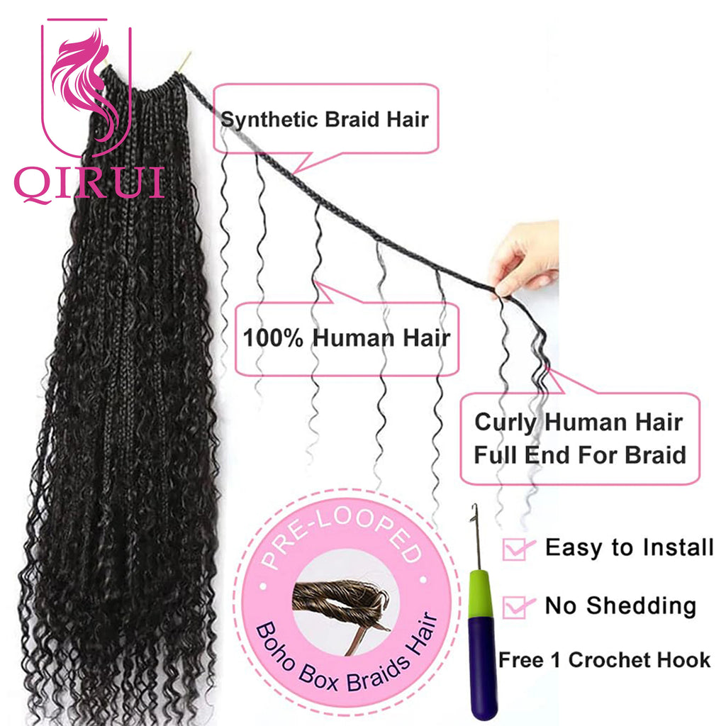 Human Hair Crochet Boho Box Braids With Human Curls 18Inch Synthetic Braid With Human Hair Curls Braiding Hair Extensions