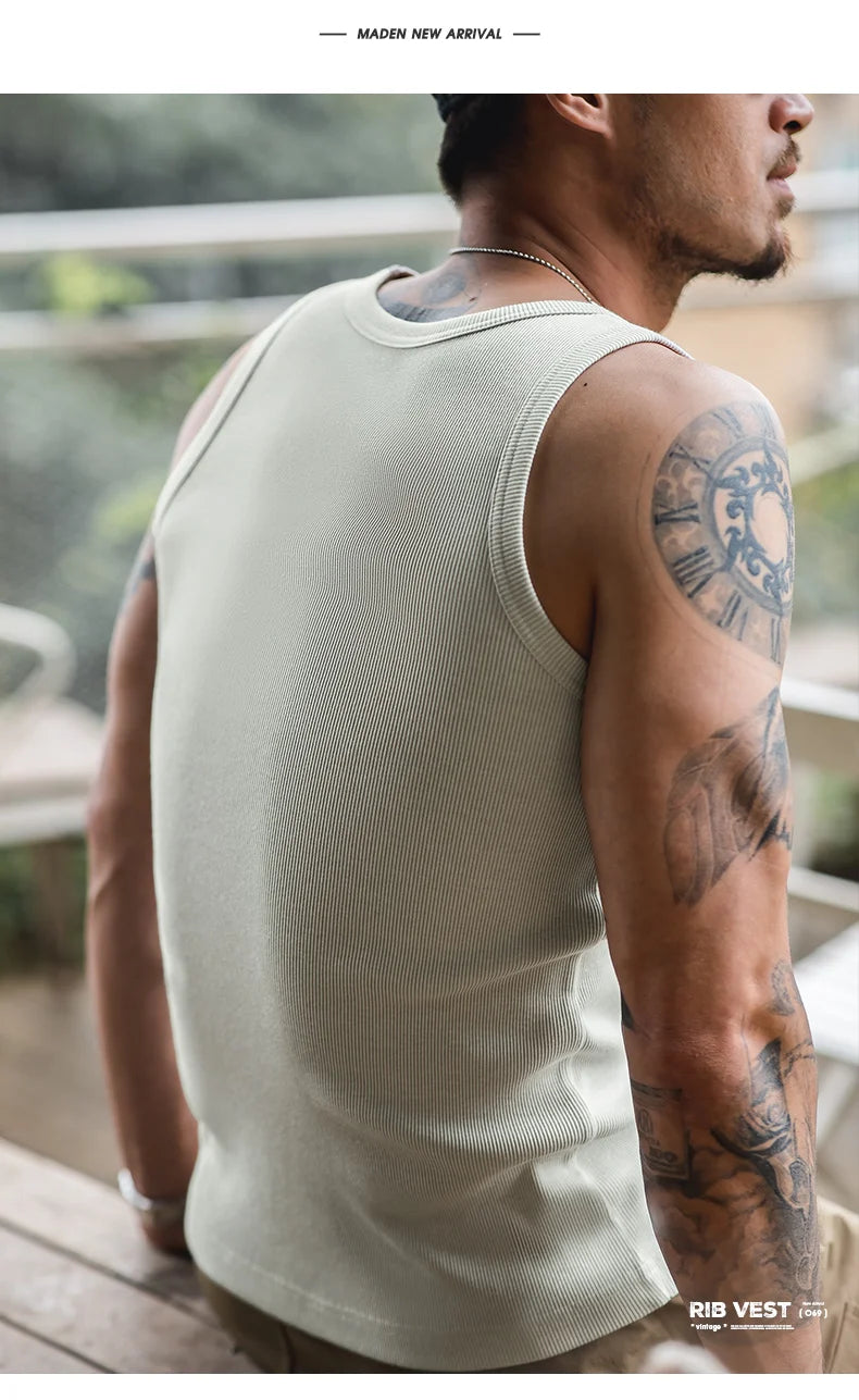 Maden Men's Retro Solid Color Slim Fit Sleeveless Vest T-Shirt Sports Fitness Threaded Inner Bottoming Shirt for Summer Tank Top