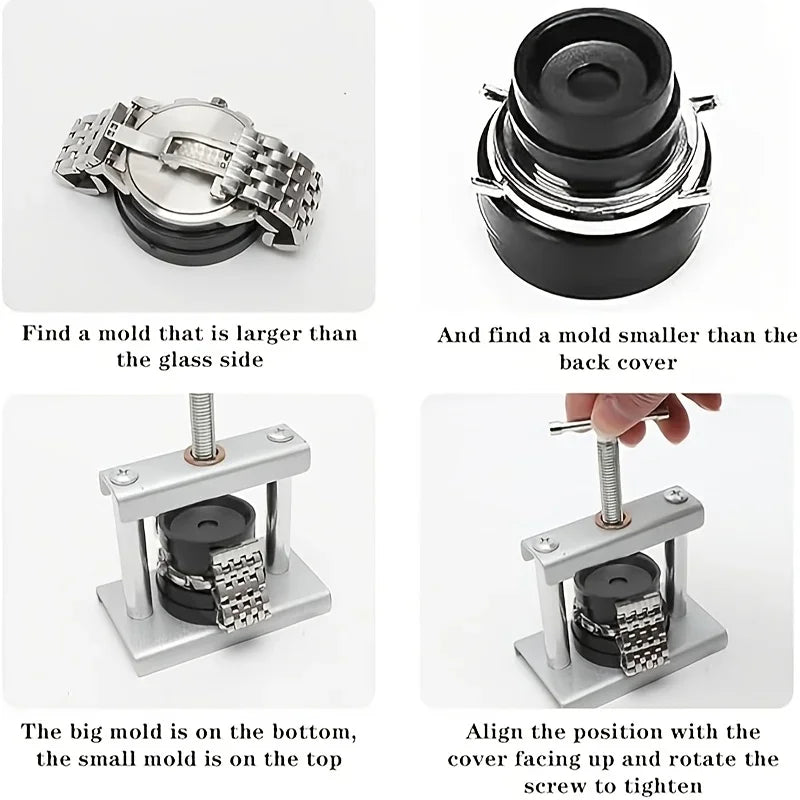 22pcs Watch Press Kit Watch Repair Tools with 18 Pressure Plates Ear Punch Dust Cloth Bent Knife Cover Presser Battery Tool