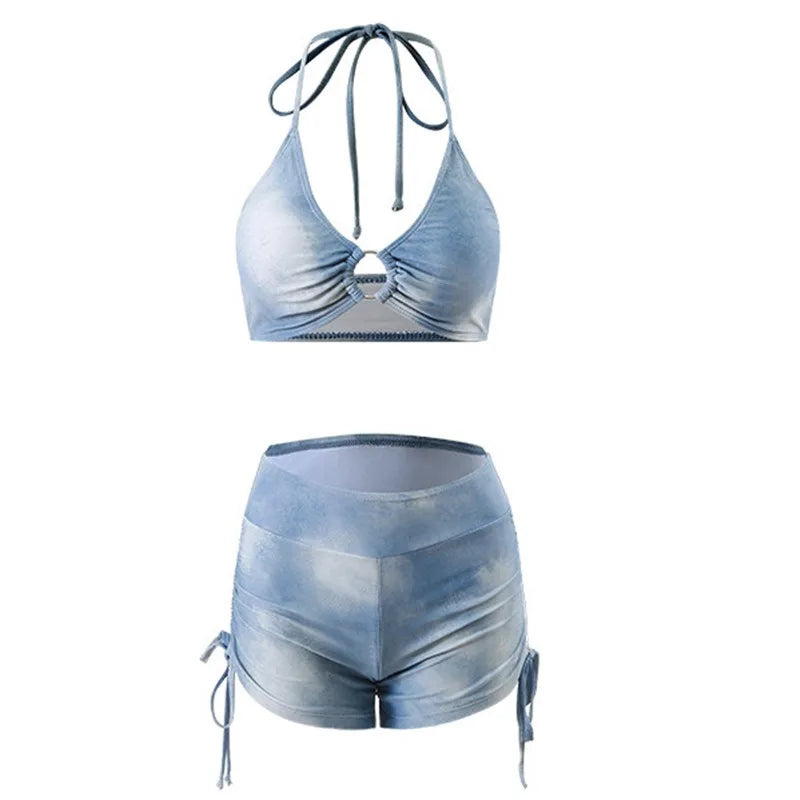 Vacation American Sexy Tie Dye Blue Sports Split Flat Angle Bikini Cover Three Piece Set Hot Spring Vacation Swimsuit for Women