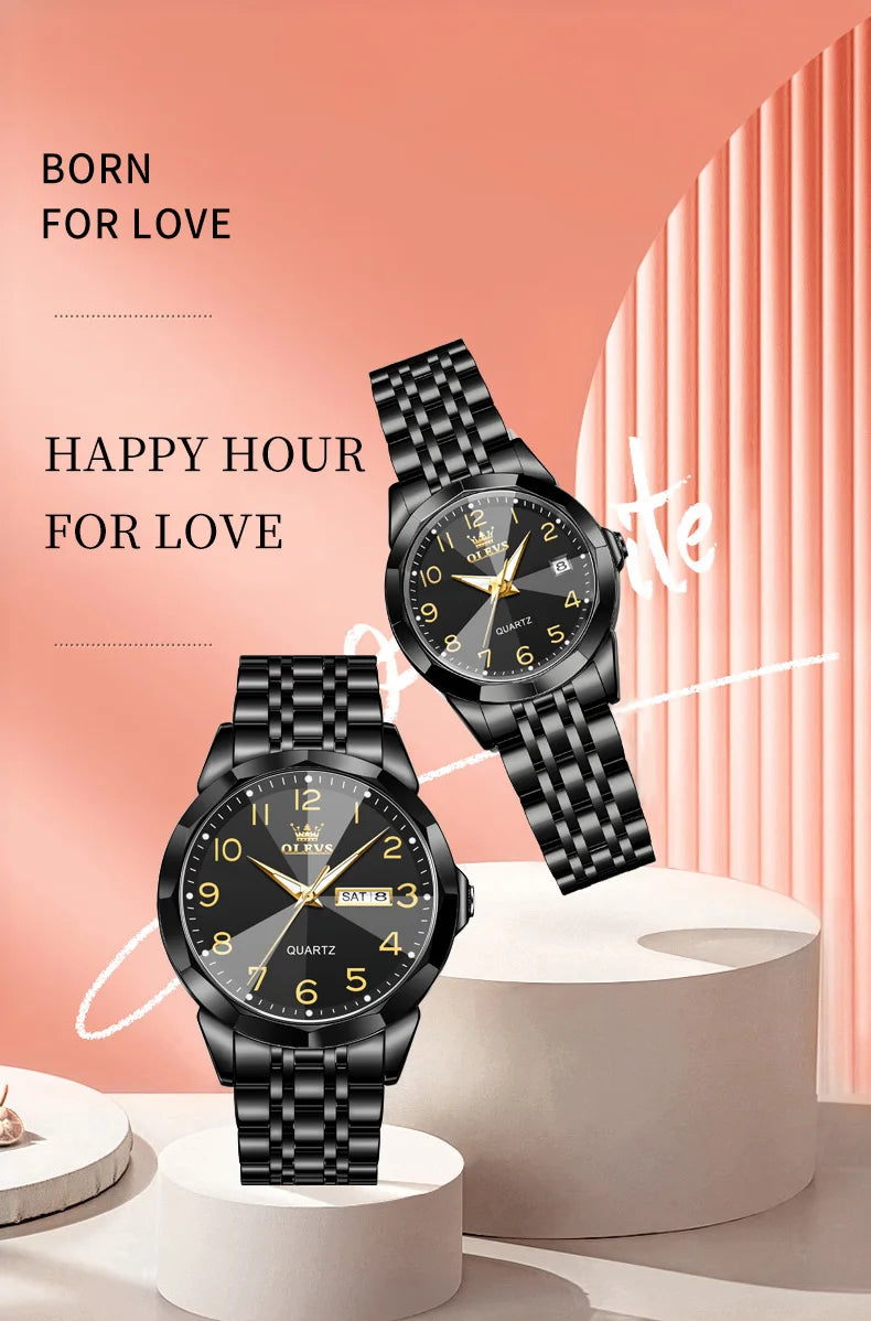 OLEVS 9970 Original Fashion Brand Quartz Couple Watch Luxury Stainless Steel Waterproof Glow Men's and Women's Gift Set Watch