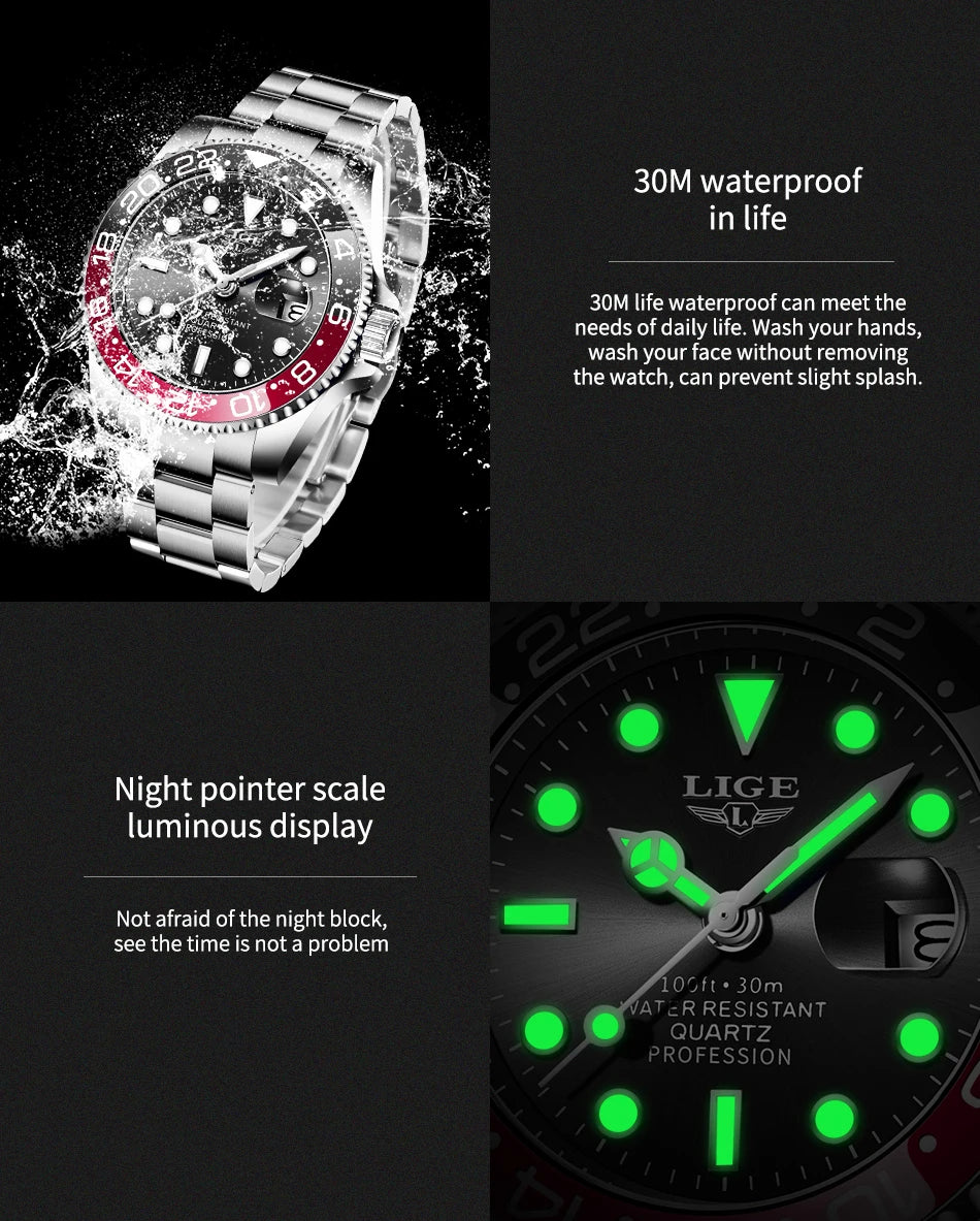 LIGE Top Brand Fashion Mens Watch Business Luxury Quartz Wristwatches Luminous Waterproof Steel Sports Watches Mens Gifts Reloj