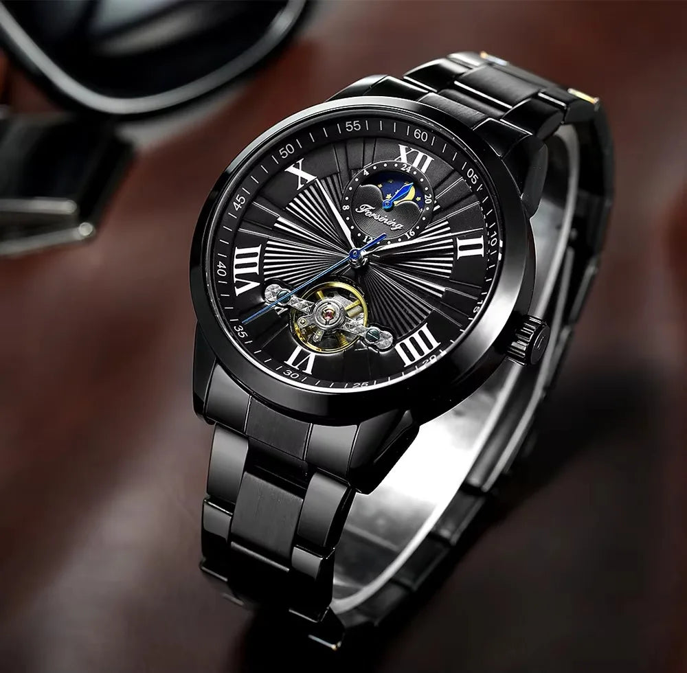 Forsining Men's Automatic Tourbillon Moon Phase Mechanical Watch Stainless Steel 3ATM Waterproof Luxury Design Business Style