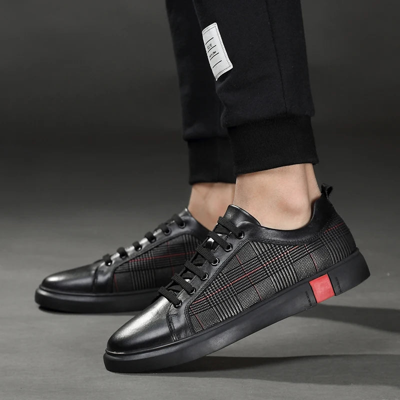 New Arrival Men Black Leather Plaid Panel Sneakers Luxury Style Lace Up Casual Shoes Non Slip Platform Walking Footwear