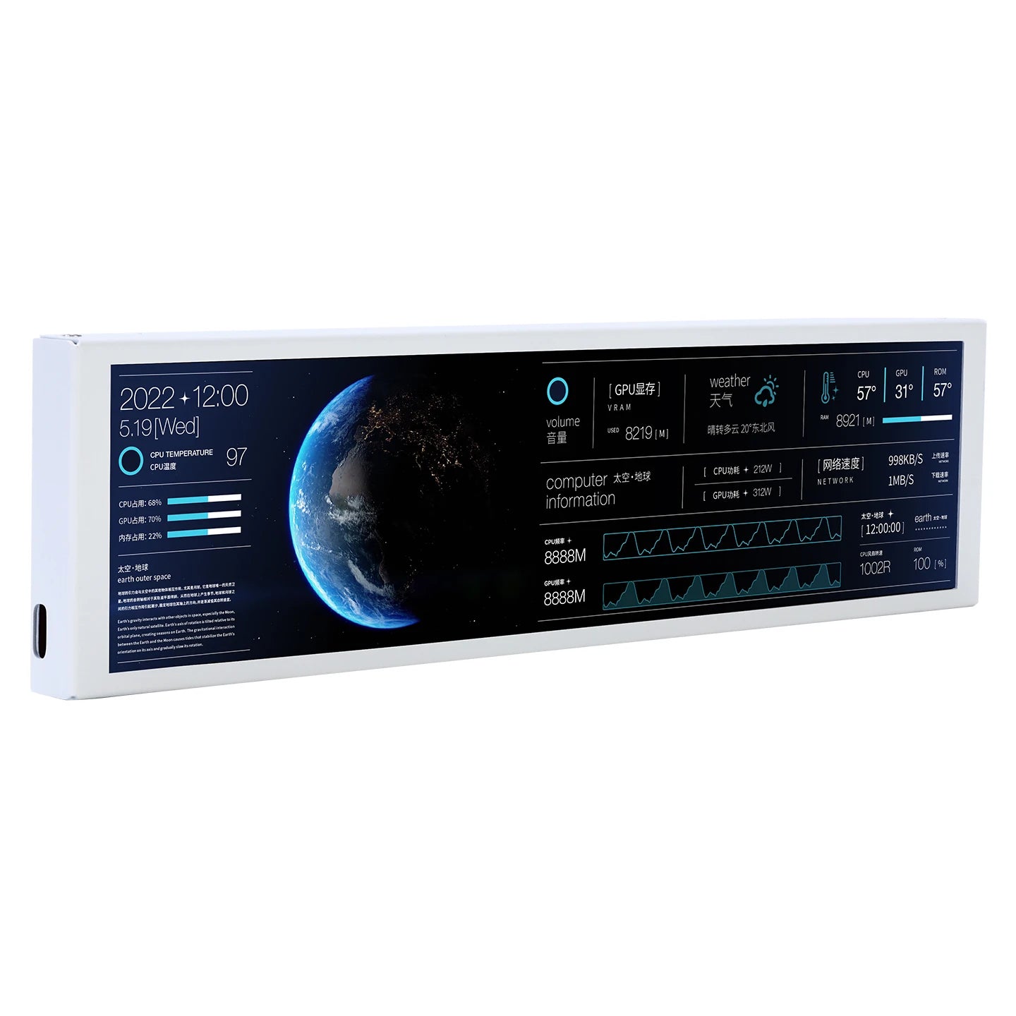 TURZX 9.2 Inch Type-C Chassis Secondary Screen 1920*462 IPS Display CPU GPU RAM HDD Weather Monitor LCD No AIDA64 USD Display