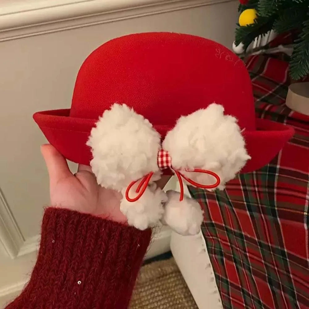 Top Hat Vintage Looking Red Bowler Hats Japanese Style Beret Woolen Bucket Cap Versatile Girls Dome Hat Winter
