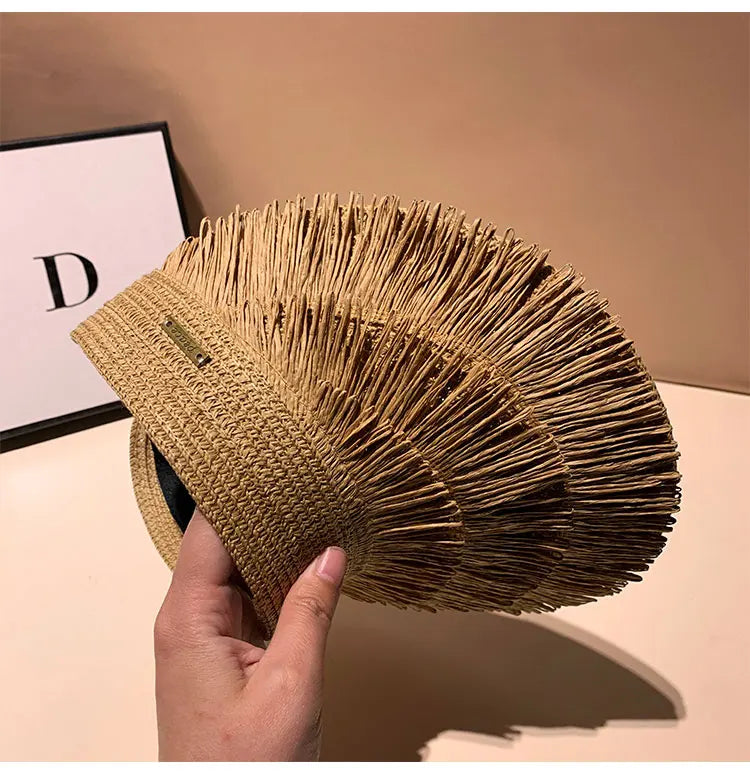 Designer Brand Sunscreen Tassel Straw Hats for Women Summer Empty Top Sun Hat Outdoor Pamama UV Protection Beach Sunshade Cap