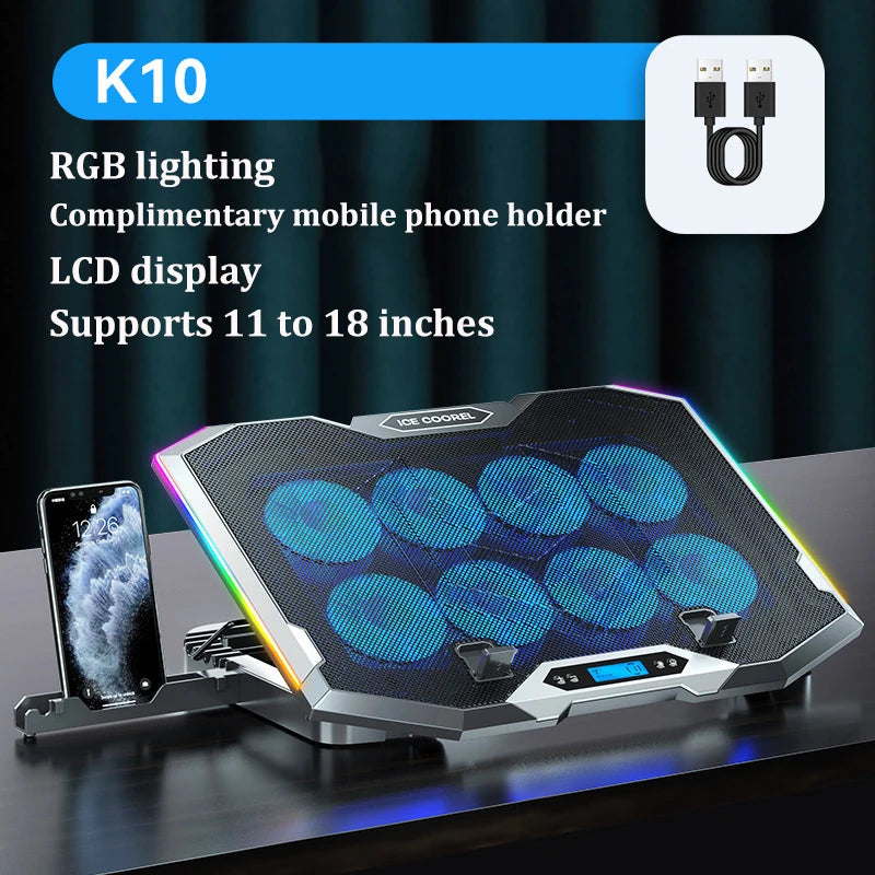 ICE COOREL Gaming RGB Laptop Cooler 12-18 Inch Led Screen Laptop Cooling Pad 3500 RPM 8 fans 2 USB Ports Notebook Cooler Stand