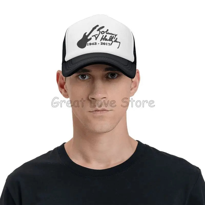 Johnny Hallyday Mesh Baseball Cap French Rock Legend Breathable Trucker Hat Unisex Travel Adjustable Hat Sunscreen Baseball Cap