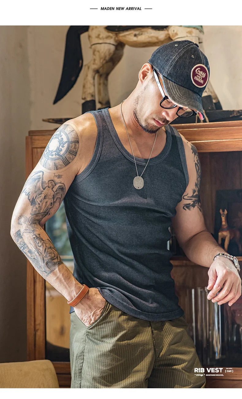 Maden Men's Retro Solid Color Slim Fit Sleeveless Vest T-Shirt Sports Fitness Threaded Inner Bottoming Shirt for Summer Tank Top