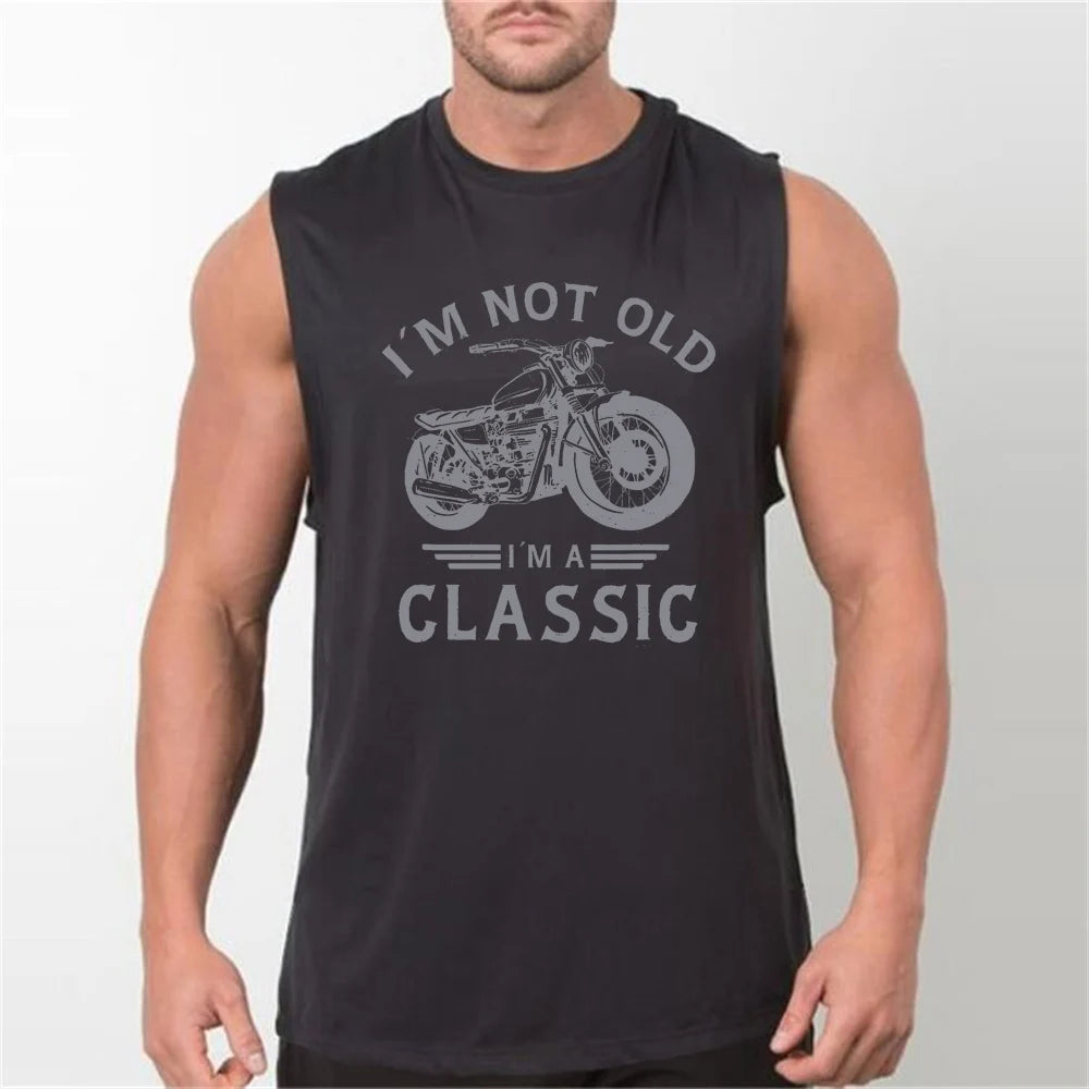 Men's summer casual sports fitness loose retro motorcycle print comfortable breathable round neck sleeveless vest
