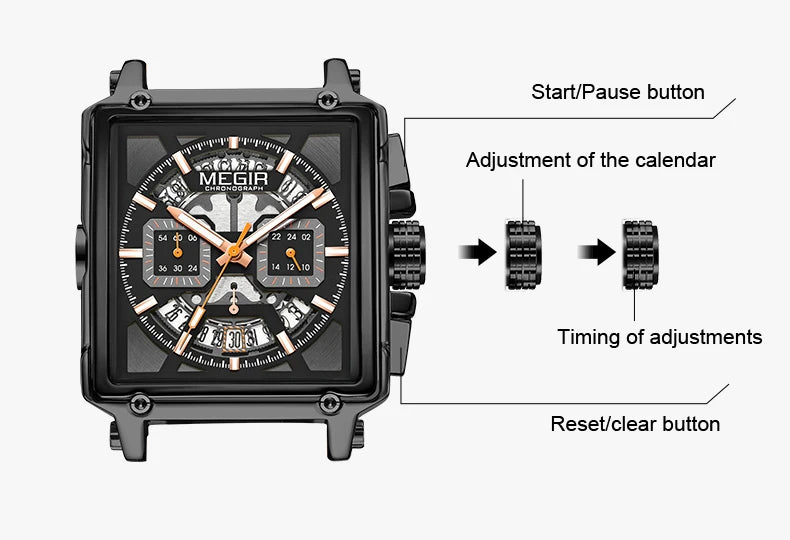 MEGIR Sport Watches for Men Waterproof Quartz Military Wristwatches Square Dial Male Chronograph Watch 24-hour Reloj Hombre 2233