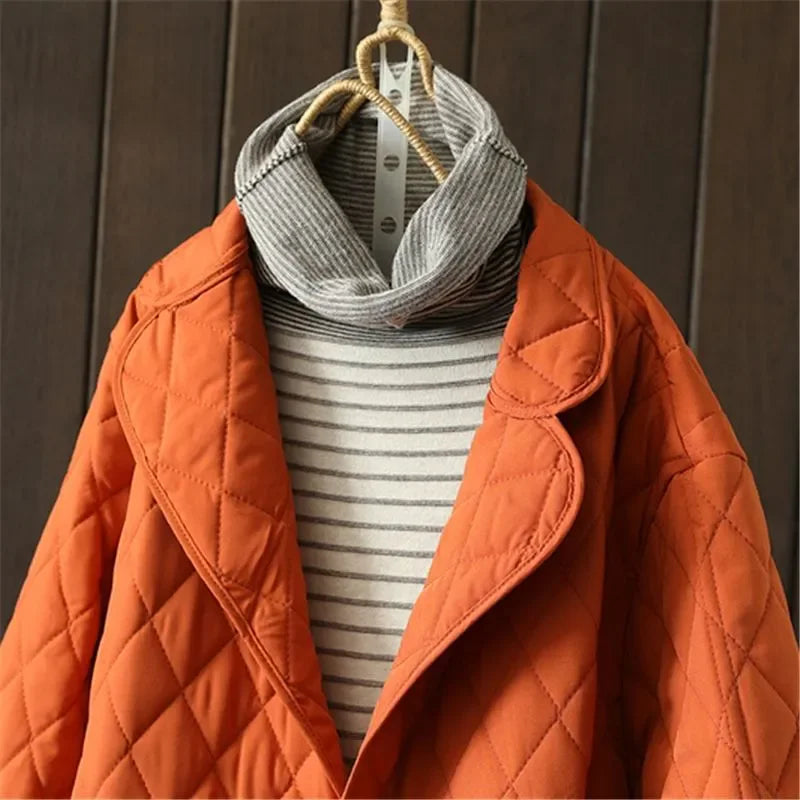 Pocket Solid Women Parkas Winter New Orange Straight Warm Thicken Knee-Length Female Outwear Coats Tops