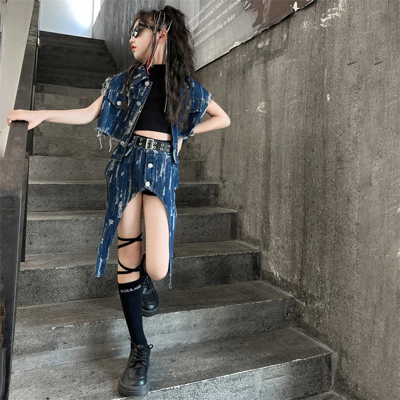 junior Girls Street Jazz Dance Set short denim vest jacket+Irregular skirt black top shorts belt teen girls clothes suit outfits