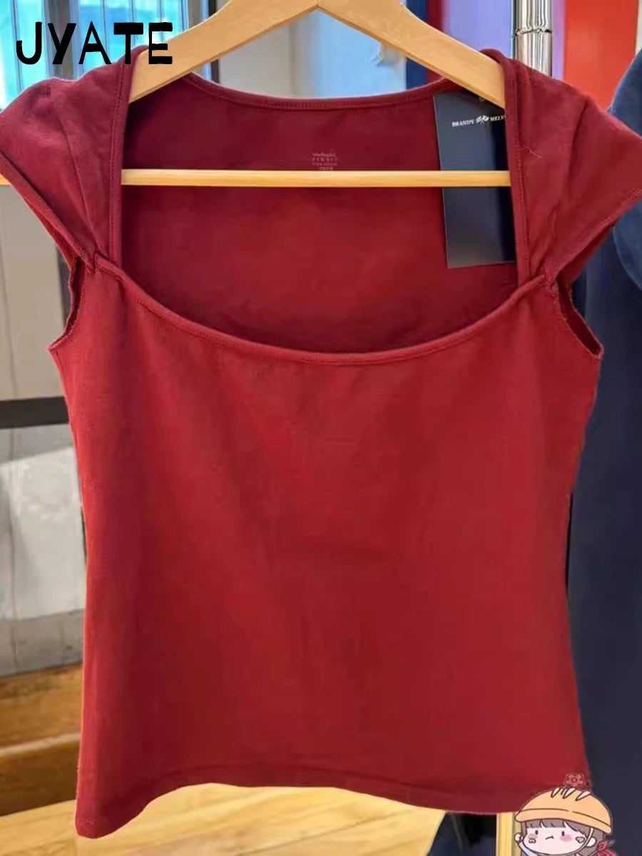 New Sweet Pink Cotton Crimping Short Sleeve Tees Women Summer Casual Simple Square Collar Crop Tops Vintage Basic Y2K T-shirts