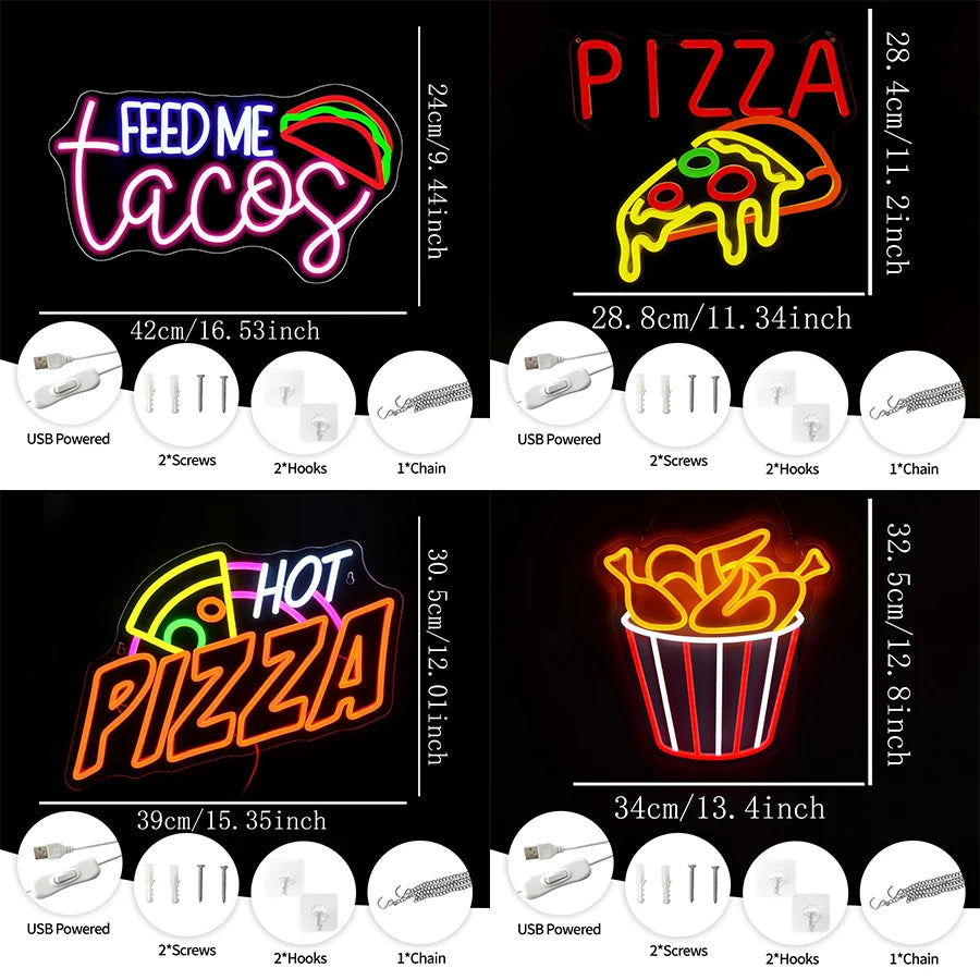 Gourmet Neon Signs, Aesthetic Business Lights Of Fried Chicken Pizza Icons, Used For Decor Of Fast Food Restaurants And Shops.