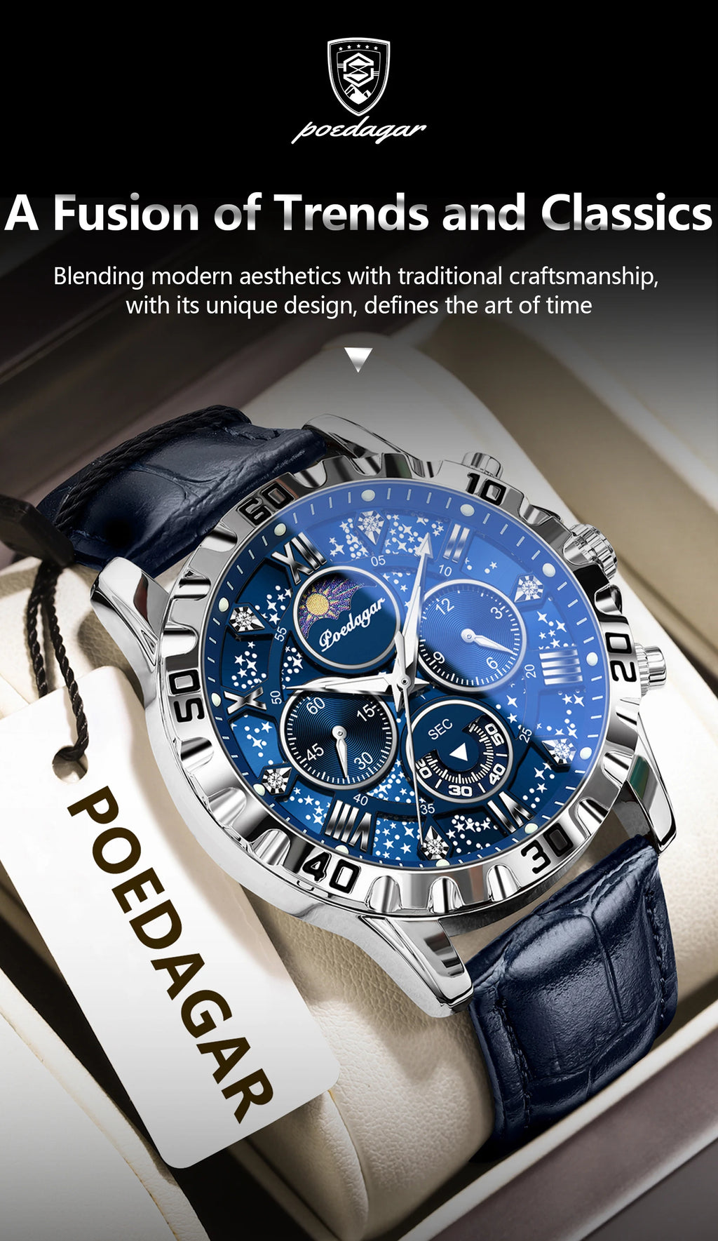 POEDAGAR Original Military Man Wristwatch Waterproof Luminous Chronograph Leather Strap Watches For Men Quartz Men's Watch Reloj